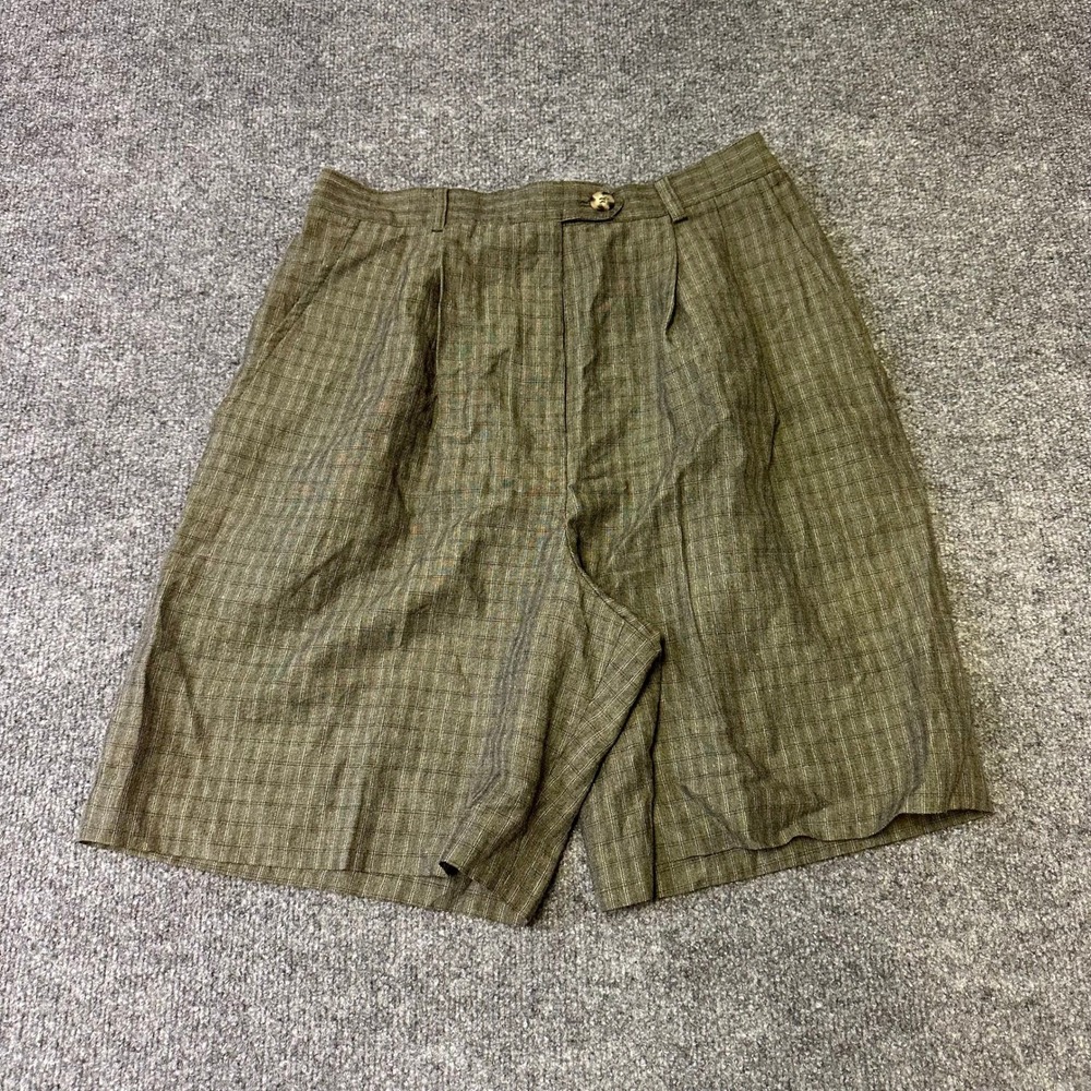 Canvasbacks Shorts Womens Size 12 Green Plaid Linen Blend Pleated High Waist
